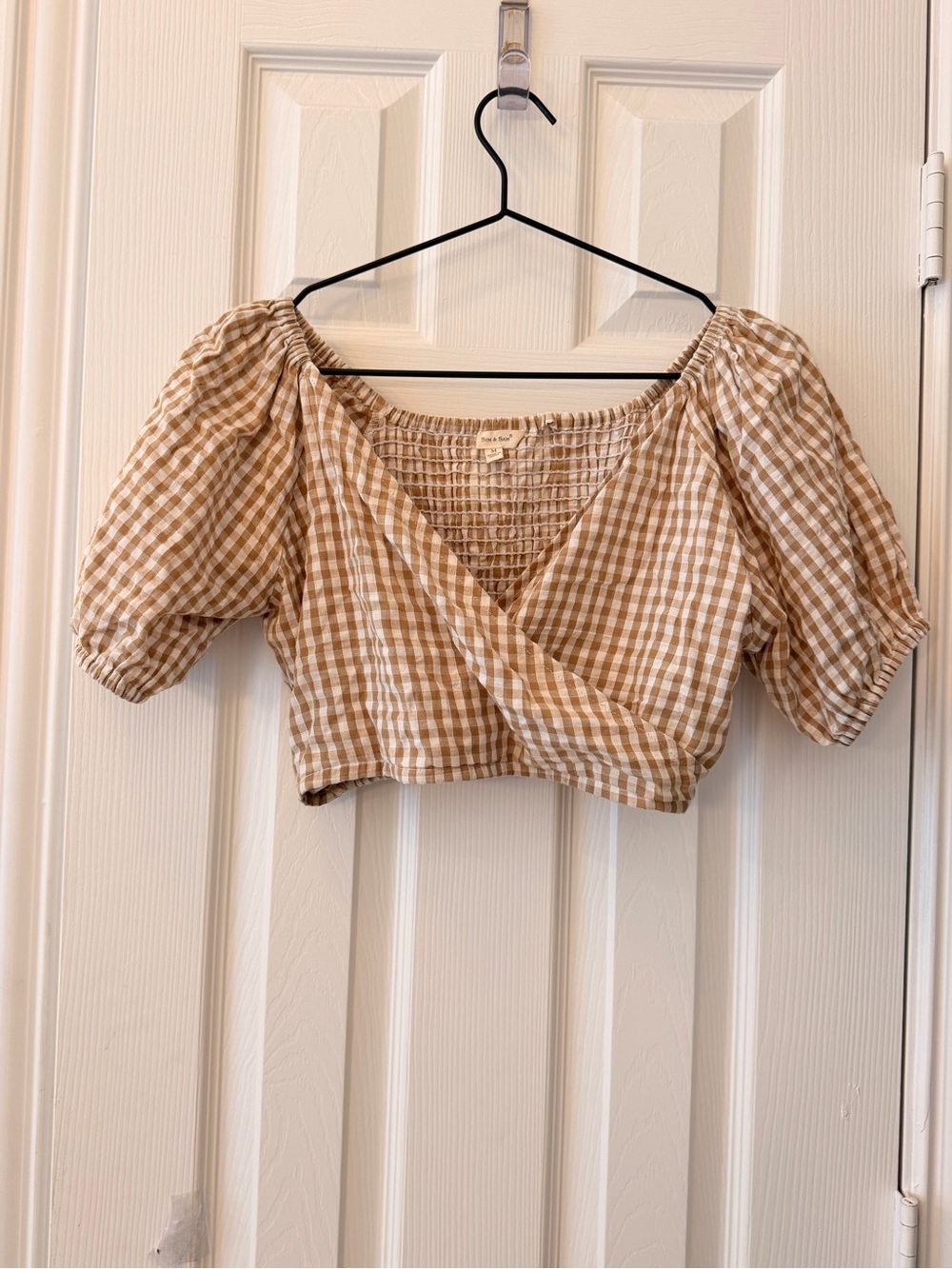 Women’s Gingham Wrap Cropped Top - Beige